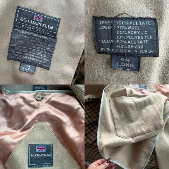 Vintage JG Chappel Ltd Mens 44 Long Belted Trench Coat Tan Removable Wool Lining